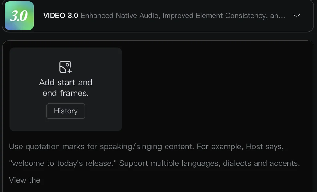 KlingのCreative Studio（生成画面）。上部にモデルセレクタ「VIDEO 3.0 — Enhanced Native Audio, Improved Element Consistency」、その下に開始・終了フレームを指定するエリアと、プロンプト入力欄（引用符で囲むとセリフ・歌唱として扱われ、多言語・方言・アクセントに対応する旨の案内）が表示されている