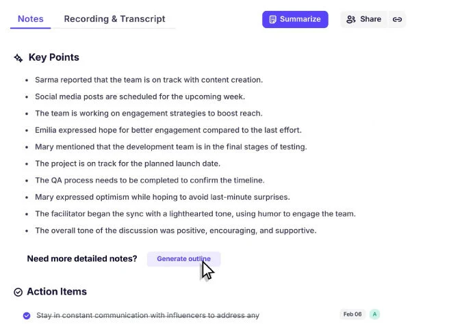 Krisp's AI Note Taker screen. The Notes tab lists the meeting's Key Points as bullets, followed by a list of Action Items and a “Generate outline” button for more detailed notes