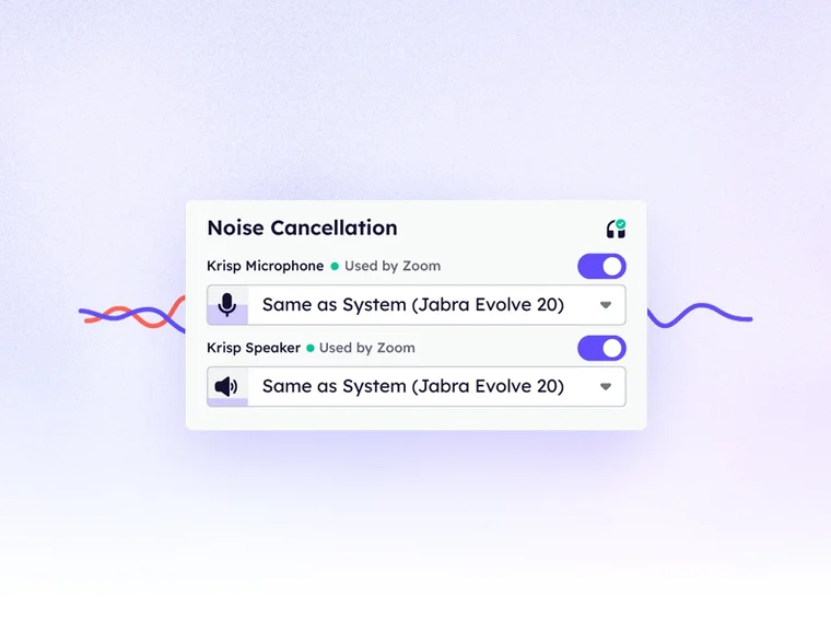 Krisp's noise cancellation settings. The Krisp Microphone and Krisp Speaker switches are on, both marked “Used by Zoom”, with the system default headset selected for input and output