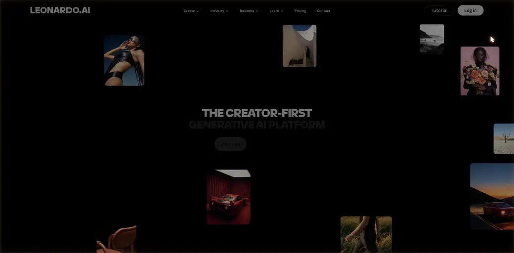 Leonardo.Ai のトップ画面。「THE CREATOR-FIRST GENERATIVE AI PLATFORM」の見出しと、ファッション・建築・車・風景などAIで生成された作品が並ぶギャラリー