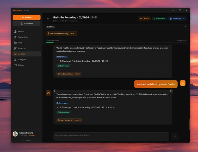 The AI Chat screen in LiteScribe, where the answer to a question about a transcript is followed by a References list naming the recording and the timestamp 11:32
