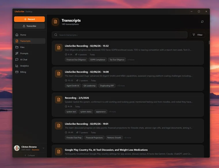 The transcript library in the LiteScribe desktop app, where each recording shows a summary, duration, speaker count, and auto-generated topic tags such as Financial Due Diligence and GDPR Compliance