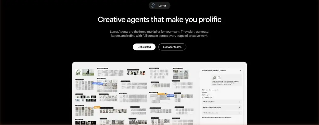Luma の公式サイト。「Creative agents that make you prolific」の見出しと、Luma Agents（Product Designer／Marketer／Director などのエージェント）がボード上で並行して制作を進める様子、右側に「Full channel product launch」の計画パネル