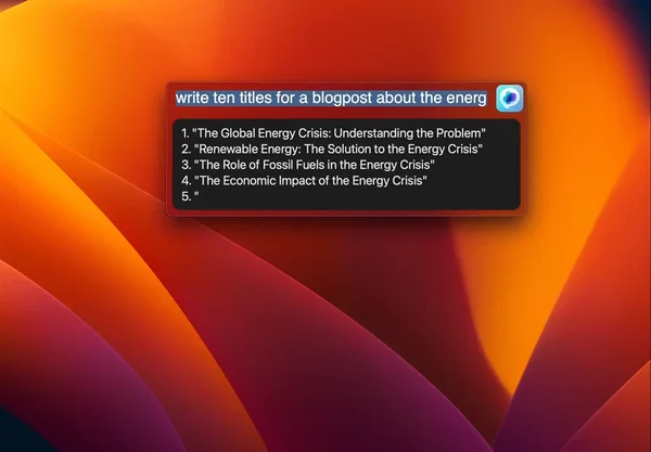 MacGPTのGlobalモード。macOSのデスクトップ中央に入力欄が表示され、ブログ記事のタイトル案がChatGPTから一覧で返っている