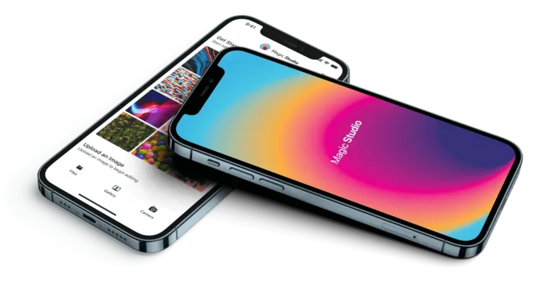 Magic Studioのモバイルアプリ画面。起動画面と、Files／Gallery／Cameraから画像を読み込むアップロード画面