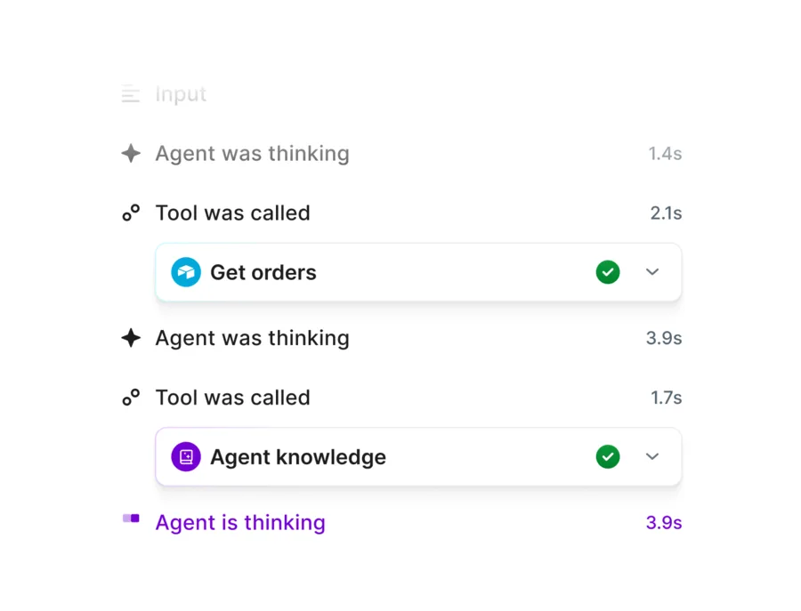 make のAIエージェント実行トレース。Agent was thinking → Tool was called（Get orders）→ Agent knowledge と段階的に処理が進む様子