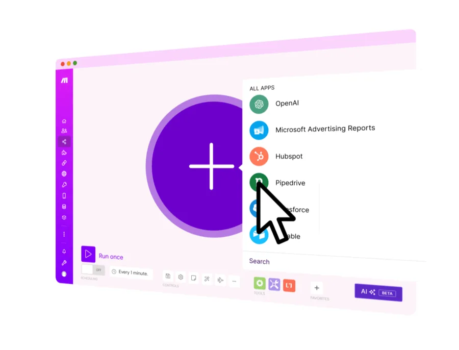 make のシナリオ作成画面。中央にモジュール追加の＋ボタン、右にOpenAI・HubSpot・Pipedrive・Salesforceなどのアプリ一覧、下部にスケジュール実行やAI(beta)の操作が並ぶ