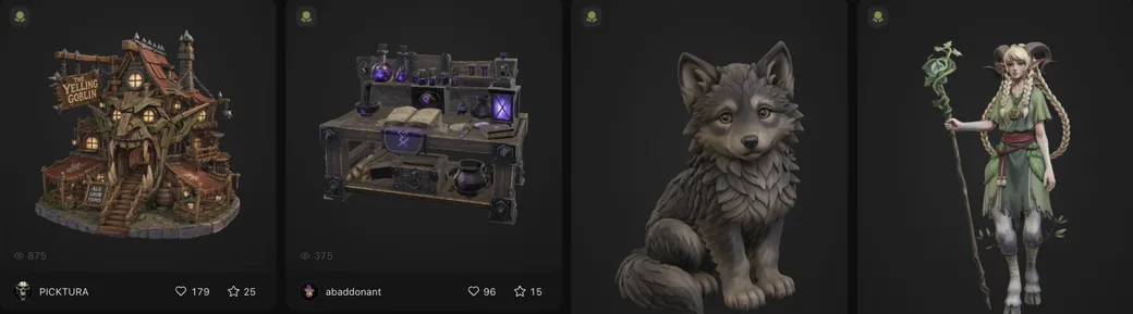Meshyで生成された3Dモデルの例。左から、看板付きの西洋風タバーン建築「THE YELLING GOBLIN」、紫の小瓶や魔導書が並ぶ錬金術師の作業台、毛並みまで作り込まれたオオカミ、杖を持つエルフのキャラクター。いずれもテクスチャ付きで質感が細かく再現されている