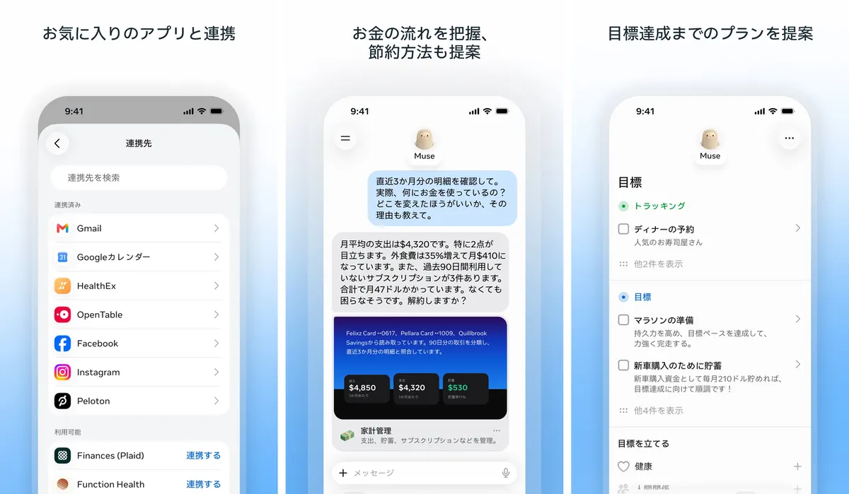 Muse アプリの画面3枚。左はGmail・Googleカレンダー・Instagramなどの連携先の一覧、中央は直近3か月の明細から支出を分析する会話、右は目標とトラッキングの一覧