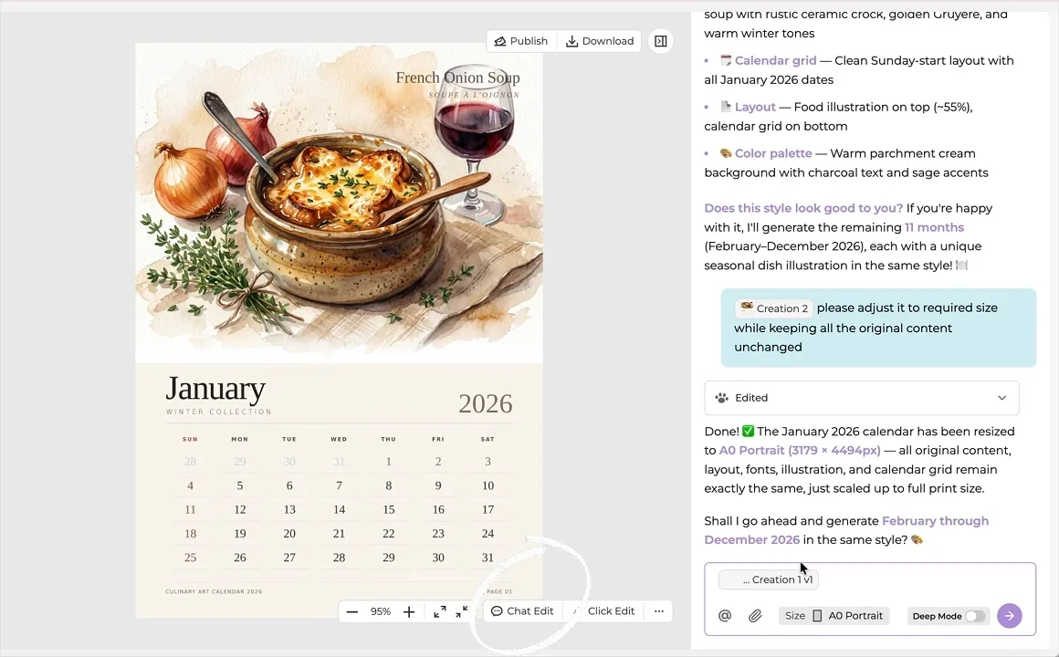 Mew.Designの編集画面。左に「January 2026」のカレンダーと French Onion Soup の水彩イラストのデザインがあり、下部に Chat Edit と Click Edit の切り替えがある。右のチャット欄では、利用者が「please adjust it to required size while keeping all the original content unchanged」と依頼し、エージェントが A0 Portrait（3179 × 4494px）に変更したと返答し、2〜12月分を同じスタイルで作るか尋ねている