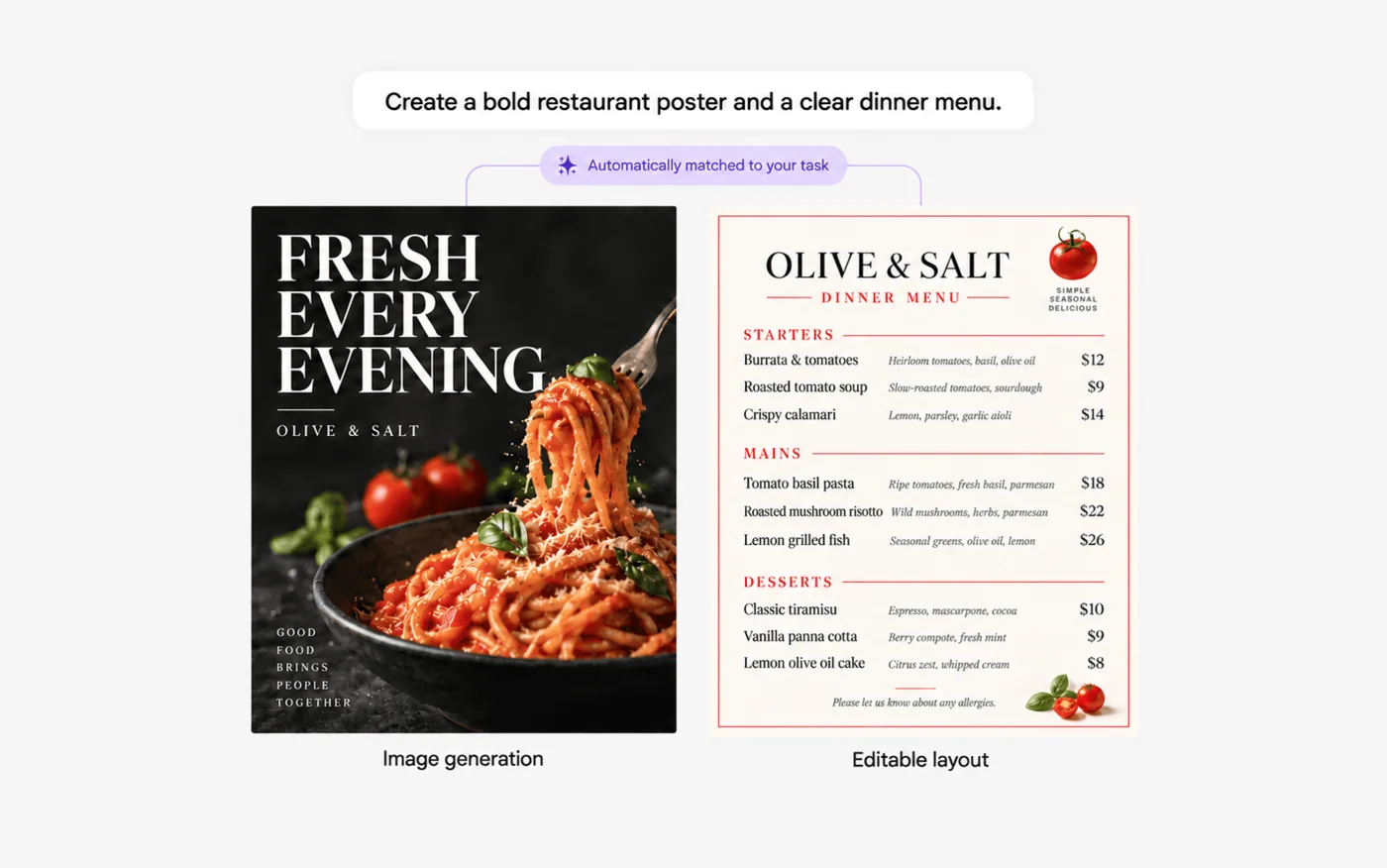 Mew.Design公式の説明図。上部に「Create a bold restaurant poster and a clear dinner menu.」という指示があり、「Automatically matched to your task」の表示から2つに分かれる。左は Image generation と書かれた、パスタの写真に「FRESH EVERY EVENING / OLIVE & SALT」の文字が入ったポスター。右は Editable layout と書かれた、STARTERS・MAINS・DESSERTS の見出しと料理名・説明・価格が並ぶ OLIVE & SALT のディナーメニュー