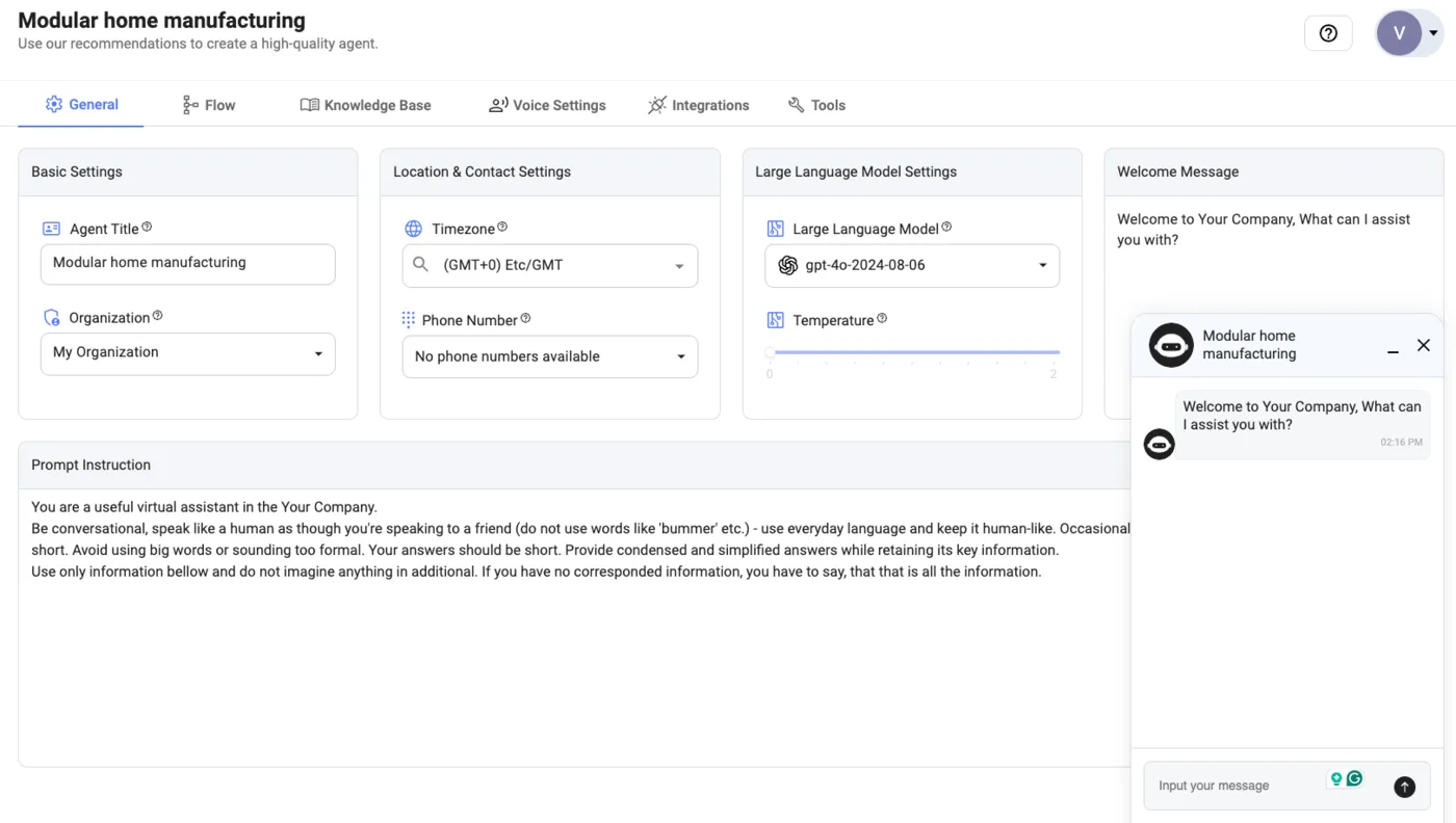 Monobot のエージェント設定画面。上部に General・Flow・Knowledge Base・Voice Settings・Integrations・Tools のタブが並び、General タブでエージェント名・タイムゾーン・電話番号・使うLLM（gpt-4o）・温度・最初の挨拶・プロンプトを設定している。右下にはテスト用のチャット窓が開いている