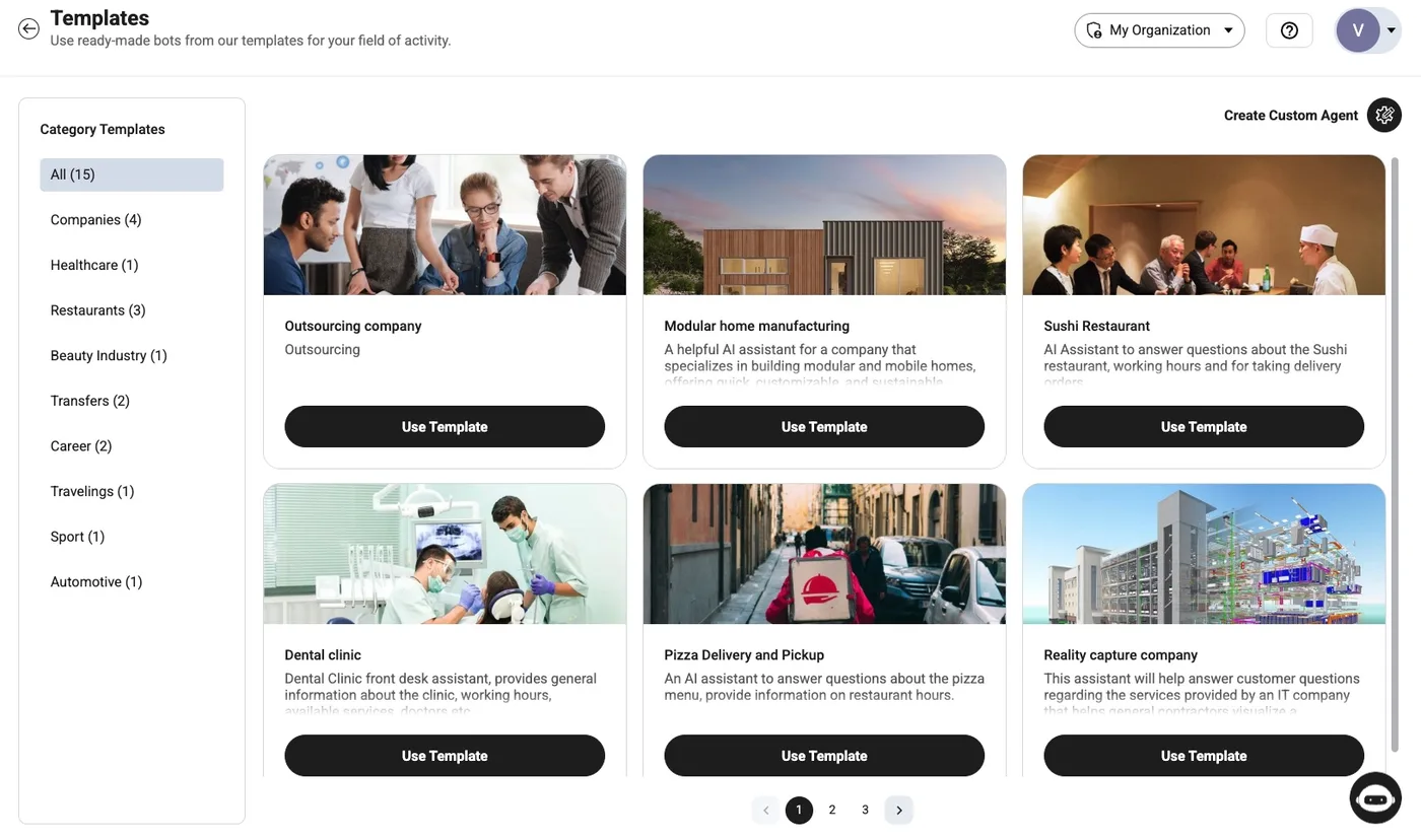 Monobot のテンプレート選択画面。左に Companies・Healthcare・Restaurants・Beauty Industry などの業種カテゴリが並び、右に Outsourcing company・Modular home manufacturing・Sushi Restaurant・Dental clinic・Pizza Delivery and Pickup・Reality capture company のテンプレートが「Use Template」ボタンつきで表示されている