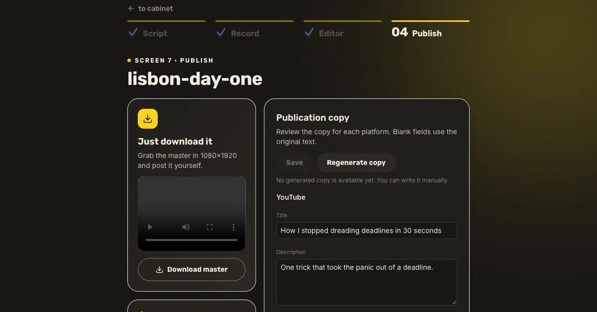 Monty的发布(Publish)界面。顶部依次排列 Script、Record、Editor、Publish 四个步骤,左侧是下载1080×1920成品视频的“Download master”按钮,右侧是编辑YouTube标题和简介的“Publication copy”栏