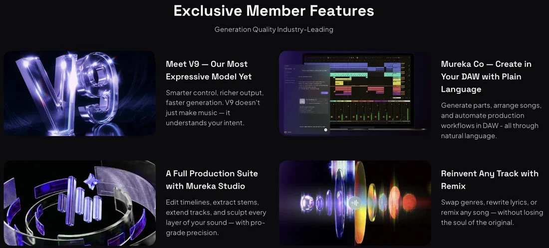 Mureka の会員向け機能セクション。「Meet V9 — Our Most Expressive Model Yet」（より賢い制御・豊かな出力・高速生成）、「Mureka Co — Create in Your DAW with Plain Language」（DAW内でパート生成・アレンジ・制作ワークフローの自動化）、「A Full Production Suite with Mureka Studio」（タイムライン編集・ステム抽出・トラック延長）、「Reinvent Any Track with Remix」（ジャンル変更・歌詞書き換え）の4つが画像つきで並んでいる
