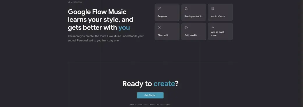 Google Flow Music の機能セクション。「learns your style, and gets better with you」の見出しと、Progress／Remix your audio／Audio effects／Stem split／Daily credits／And so much more の機能カード、「Ready to create?」のCTA