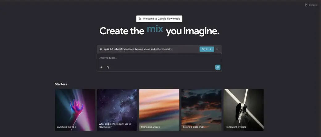 Google Flow Music のスタジオ画面。「Create the mix you imagine.」の見出しと「Ask Producer…」の入力欄、Switch up the vibe／Reimagine a track／Translate the vocals などのスターターが並ぶ