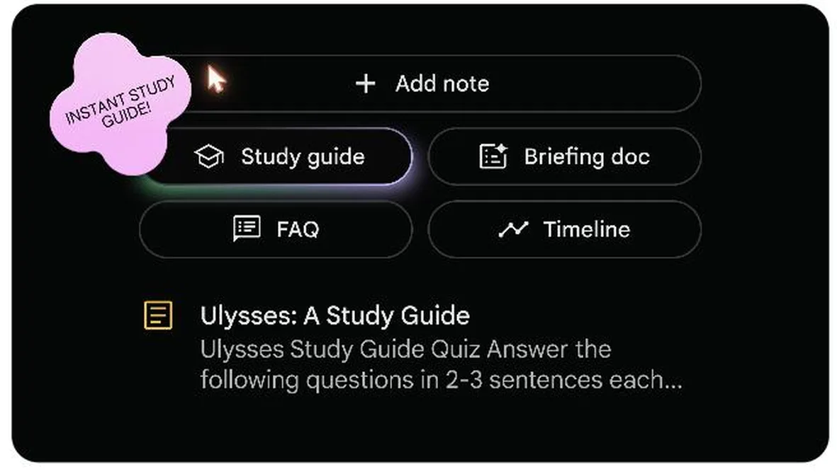 NotebookLM(Gemini Notebook)のStudio画面。Add note/Study guide/Briefing doc/FAQ/Timeline といった生成アクションと、ソースから作られた「Ulysses: A Study Guide」というアーティファクトが並ぶ