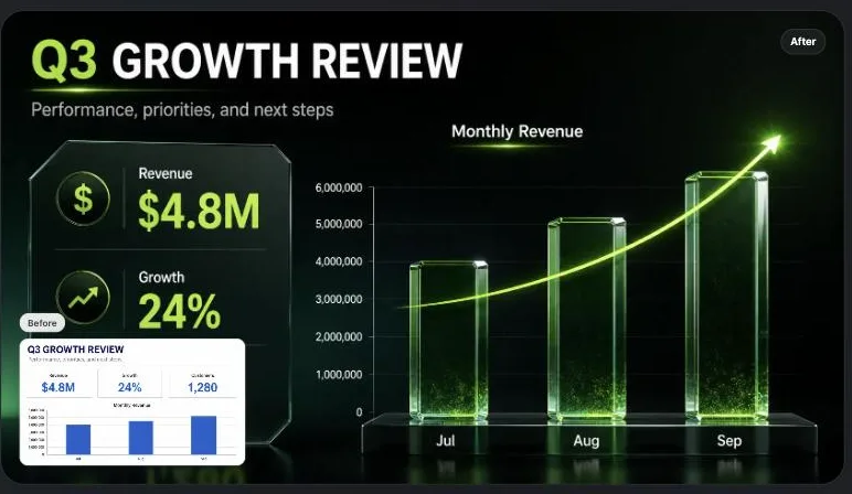 NoteSlideのリデザイン機能の作例。「Q3 GROWTH REVIEW」という売上レポートのスライドで、左下の小さなサムネイルが青い棒グラフの素朴な元スライド、背景の大きなスライドが同じ数値(Revenue $4.8M、Growth 24%)を緑の立体的なグラフで見せ直したリデザイン後の状態