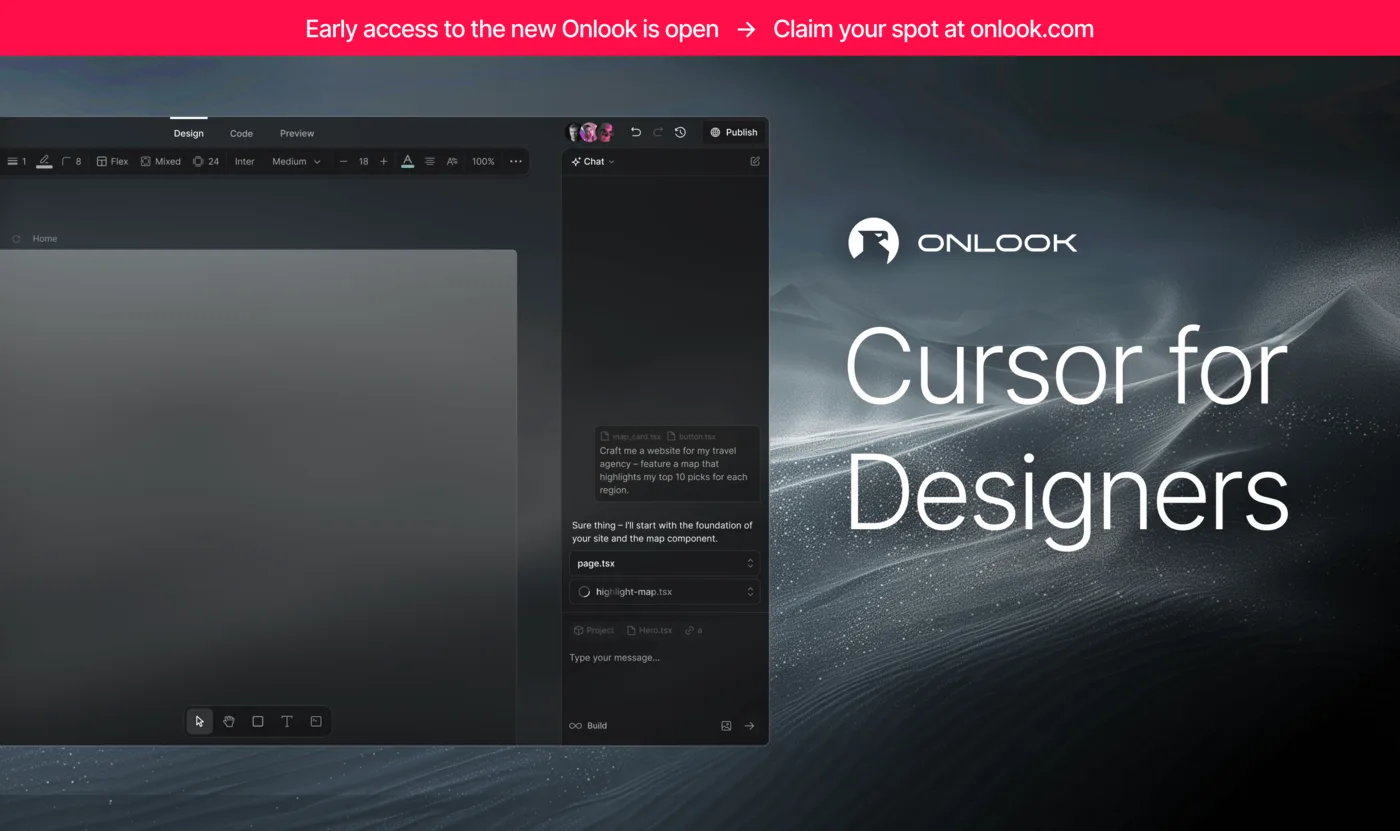 Onlookの編集画面。左に「Design/Code/Preview」タブとTailwindのスタイル調整ツールバー付きのビジュアルエディタ、右に「Craft me a website for my travel agency…」というプロンプトに応じてAIがpage.tsx等のコードを生成するチャットパネルが並び、右側に「Cursor for Designers」のロゴが表示されている