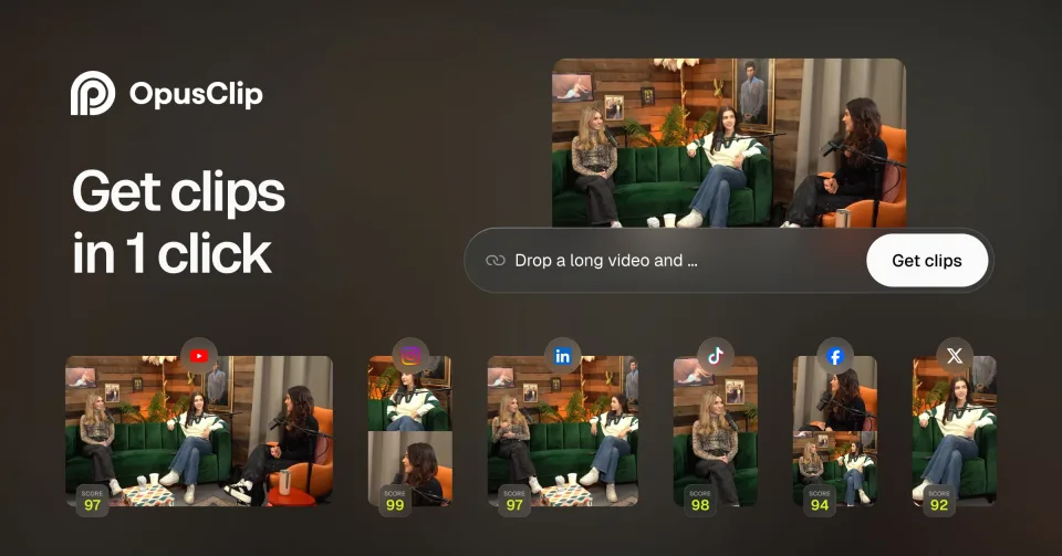 OpusClip：1本の長尺動画から各SNS向けの短尺クリップをバイラルスコア付きで自動生成する様子