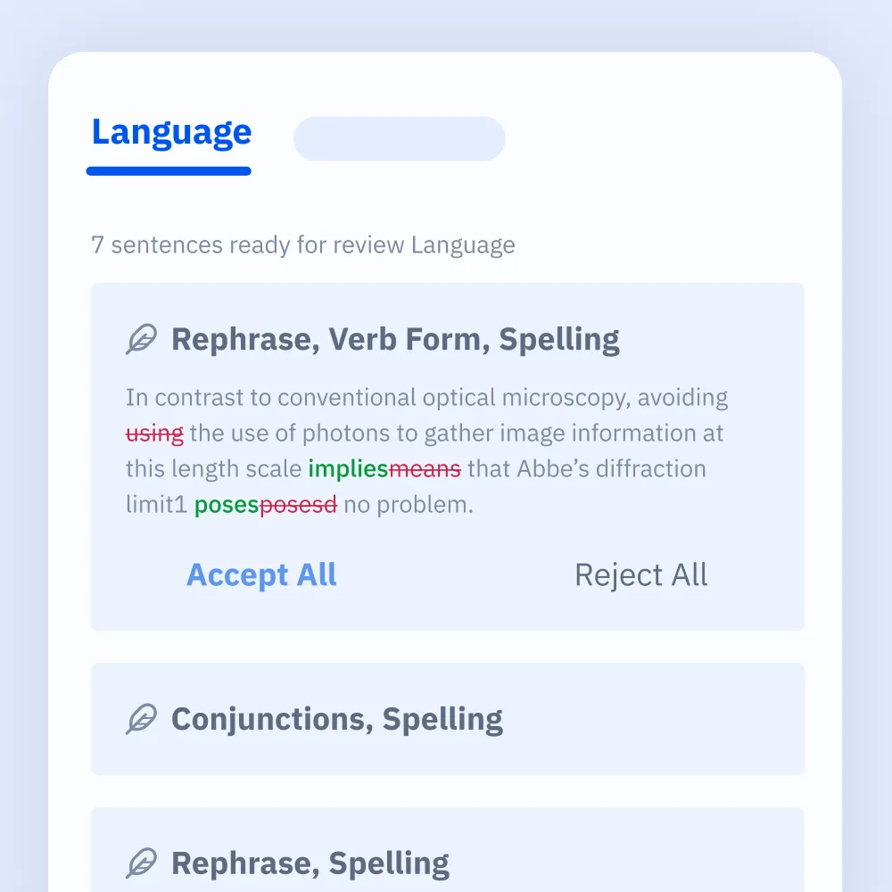 Paperpalの英文チェックの画面。「Language」タブに「7 sentences ready for review」と表示され、「Rephrase, Verb Form, Spelling」の修正案で using を削り implies を means に直す提案と、Accept All・Reject All のボタンが並ぶ