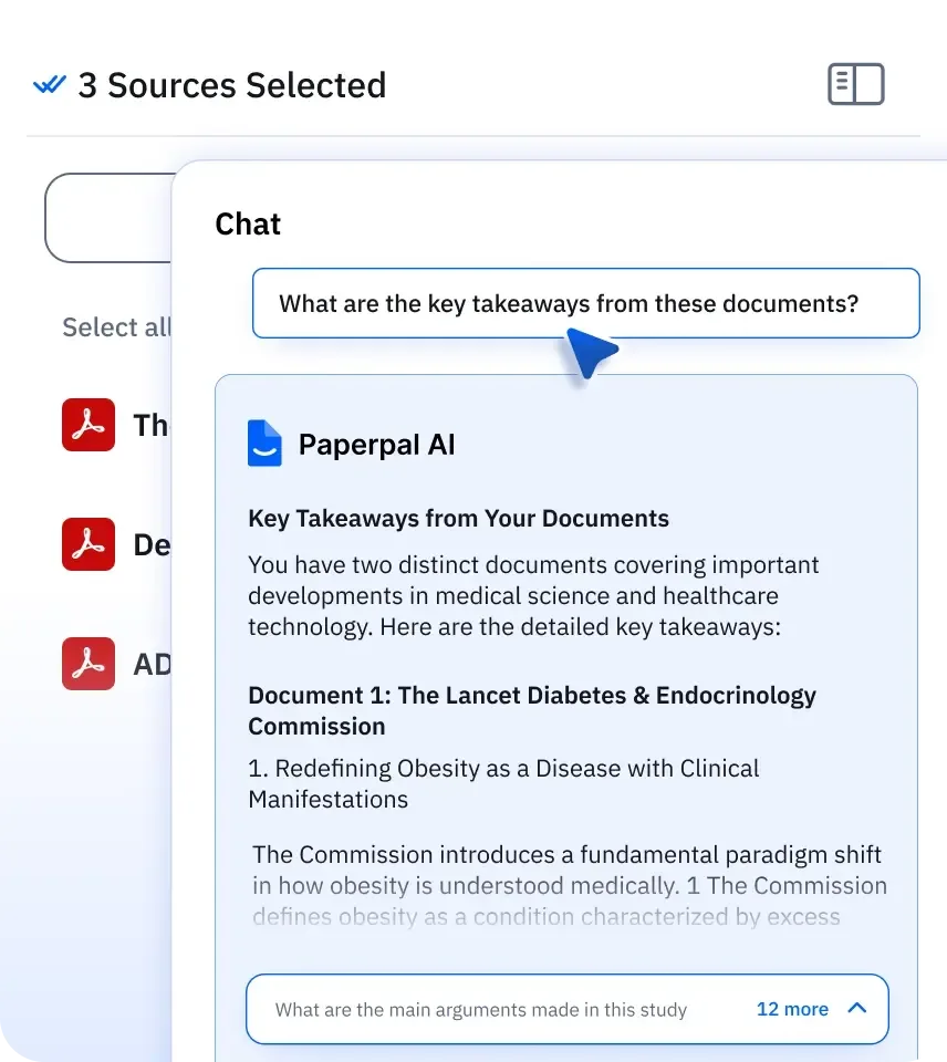 Paperpalの論文とチャットの画面。3つのPDFを選んだ状態で「What are the key takeaways from these documents?」と質問し、Paperpal AI が文書ごとの要点をまとめて答えている