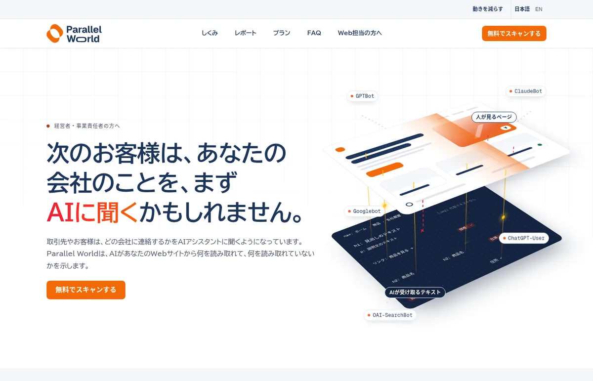 Parallel Worldの公式サイトのトップ。「次のお客様は、あなたの会社のことを、まずAIに聞くかもしれません。」の見出しと、サイトの層にAIボットが触れる様子の図