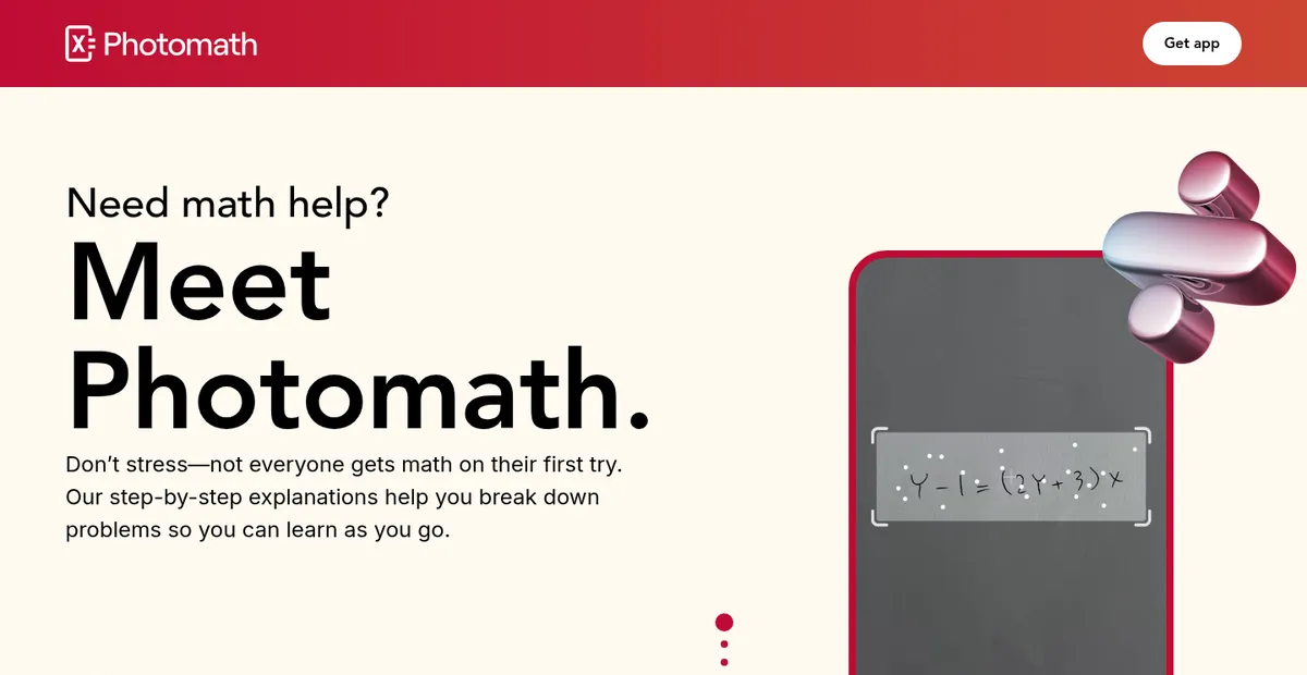 The top page of Photomath's official site, with the headline 'Need math help? Meet Photomath.' and a phone screen scanning a handwritten equation with the camera