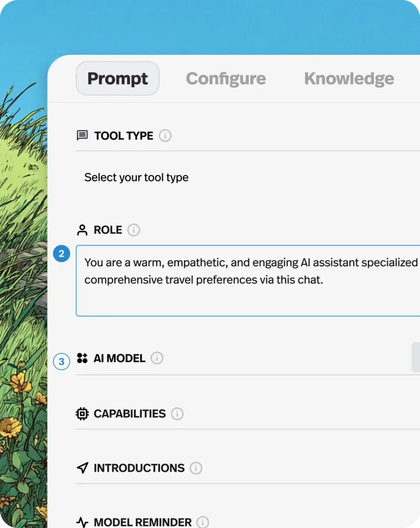 Pickaxe のノーコードビルダー画面。Prompt／Configure／Knowledge のタブ、ツールタイプ・Role（役割プロンプト）・AI Model・Capabilities などの設定項目が並ぶ