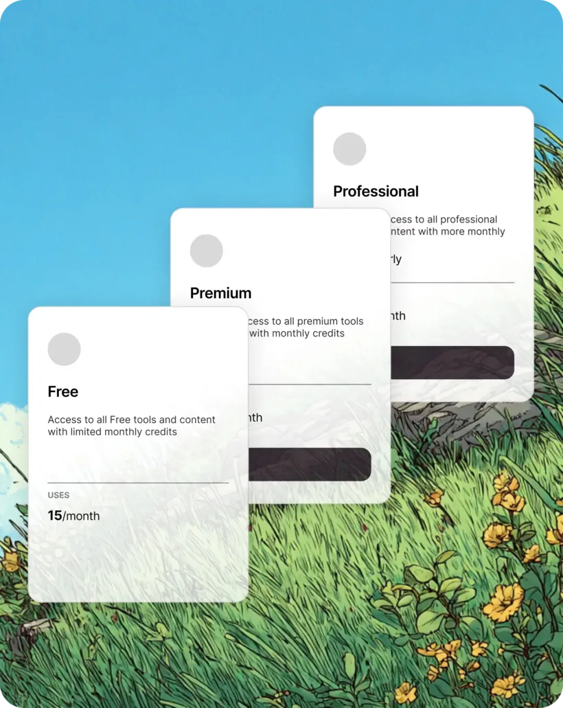 Pickaxe の収益化画面。Free／Premium／Professional のプランカードで、月間利用回数などに応じた課金プランを設定できる