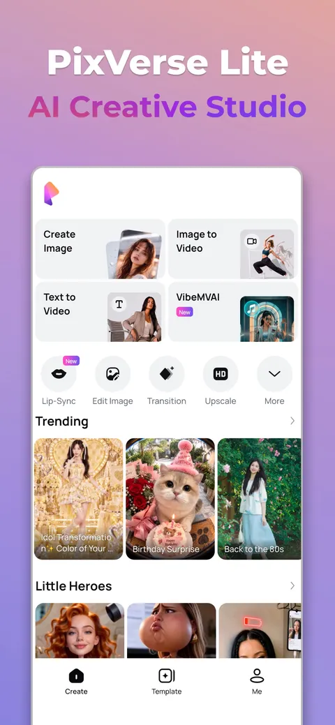 PixVerseアプリのホーム画面。画像生成・画像から動画・テキストから動画のボタンと、リップシンク・画像編集・トランジション・高画質化のボタン、トレンドのテンプレートが並んでいる