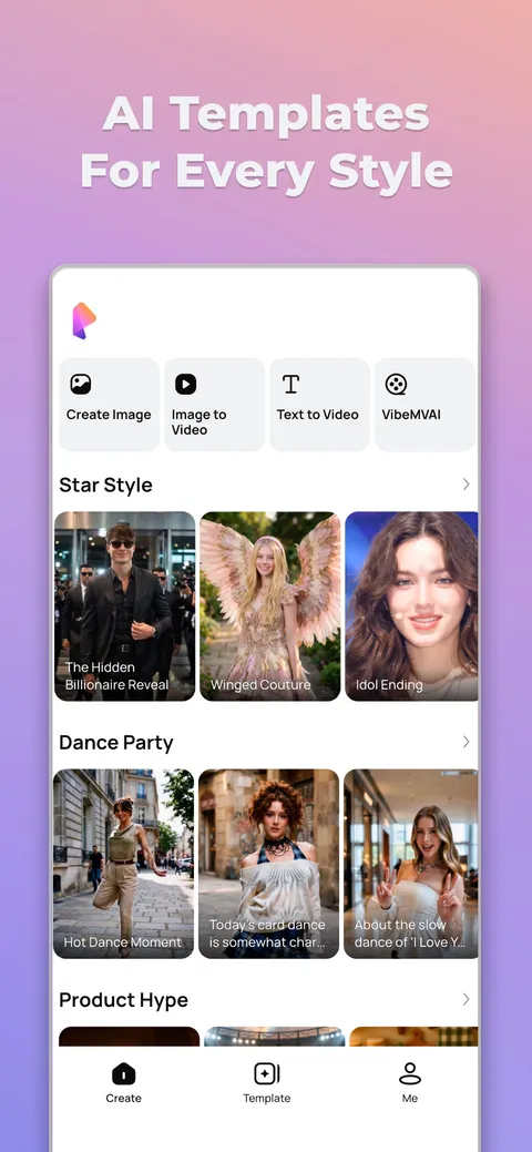 PixVerseアプリのテンプレート一覧。Star Style、Dance Party、Product Hypeなどのテーマごとにサンプル動画が並んでいる