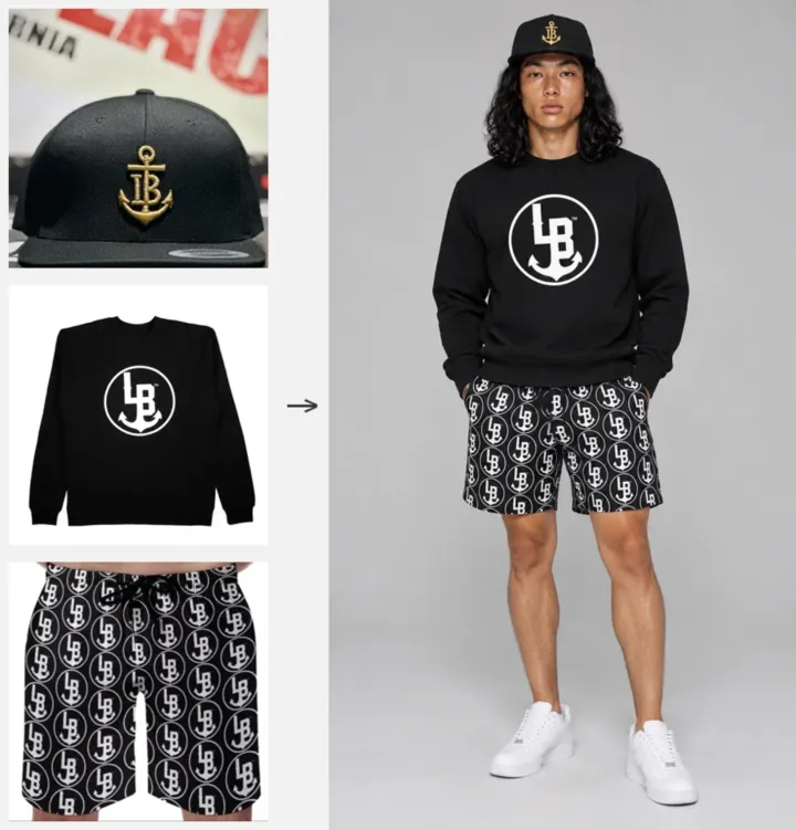 POZR 的示例。左侧是品牌 Stay Anchored 实际使用的商品照片（放在桌上的帽子、卫衣、有人穿着的短裤），右侧是 POZR 根据这三件商品生成的模特穿着照。商品上的标志和印花图案原样反映在生成图中