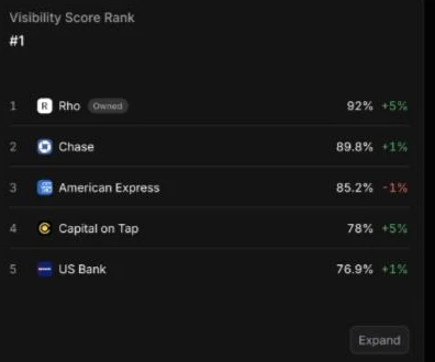 ProfoundのVisibility Score Rank。Rho(自社・92%)を筆頭に、Chase・American Express・Capital on Tap・US Bankが可視性スコア順に並ぶ競合ランキング