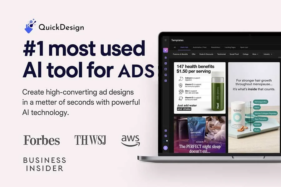 QuickDesign template gallery: the Static Ads category showing ad creatives for health and supplement products