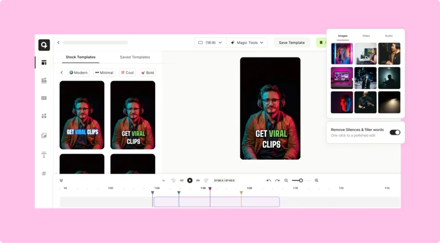 quso.ai の動画エディタ画面。中央に縦型のショート動画プレビュー、左に字幕テンプレート、右に画像/動画/音声の素材パネル、右下に「Remove Silences & filler words」トグルが表示されている