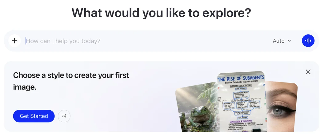 Qwen Studio（chat.qwen.ai）の画面。「What would you like to explore?」の見出しの下にチャット入力欄（Autoモード）があり、「Choose a style to create your first image」という画像生成の案内カードに、生成画像（カエルの写真、図解、瞳のクローズアップ）が並んでいる