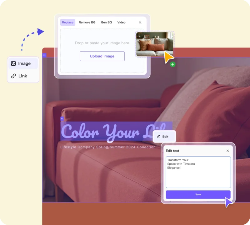 Readdy の編集画面。ページ上の画像要素を選択すると Replace / Remove BG / Gen BG / Video のタブを持つパネルが開き、画像のアップロード領域が表示される。同時に見出しテキストを選択して「Edit text」パネルで直接書き換えられる状態になっている