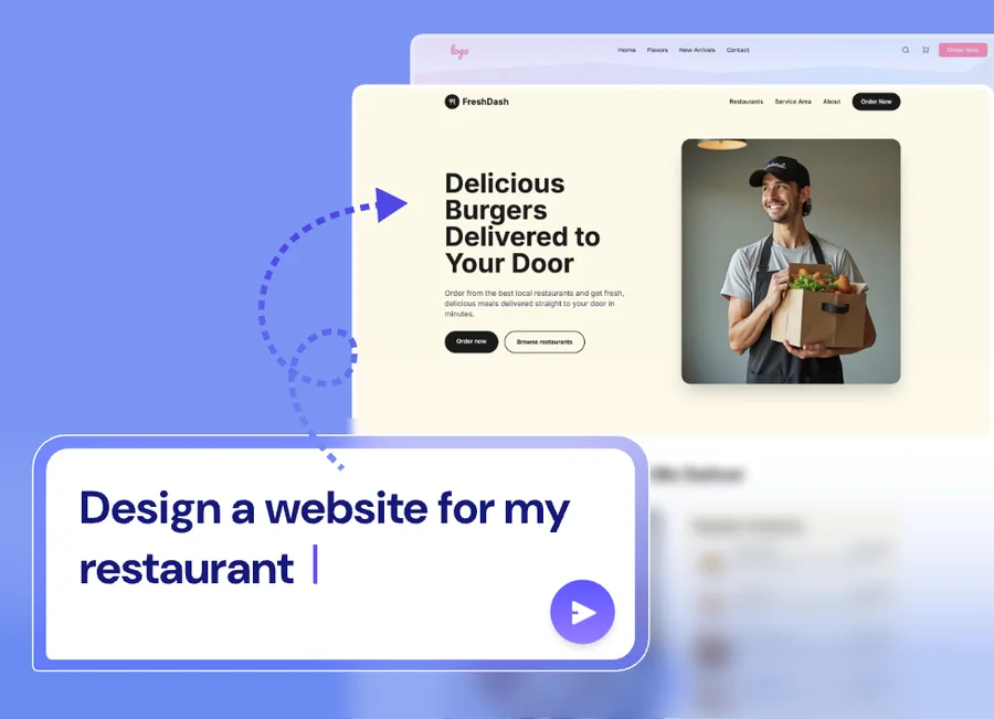 Readdy の生成の流れ。入力欄に「Design a website for my restaurant」と入力すると、FreshDash という飲食デリバリーサイトのランディングページが生成され、ヒーロー画像・見出し・CTAボタンまで配置された状態で表示されている