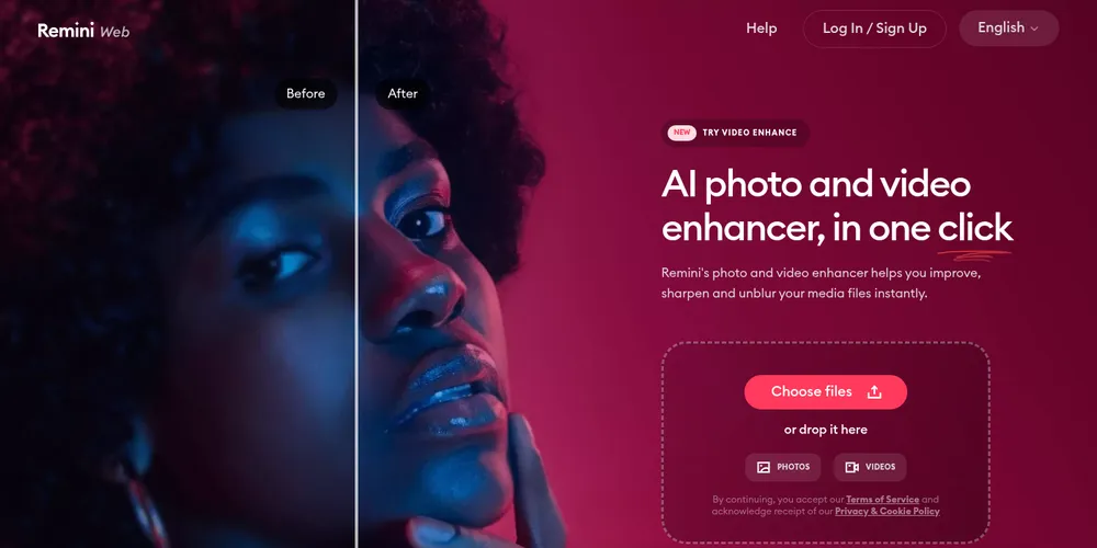 Remini Webのトップ画面。左に女性の顔写真の補正前（Before）と補正後（After）を並べた比較、右に「AI photo and video enhancer, in one click」の見出しとファイルを選ぶボタンがある
