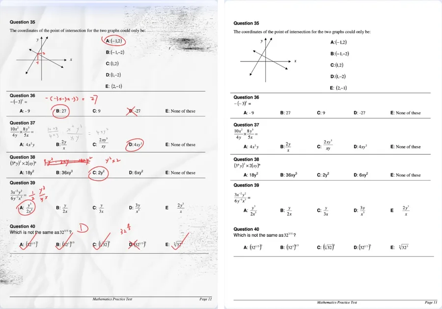 Before and after comparison by RemoveHandwriting. On the left, a math test page with red-pen circles, calculation notes, check marks, and shadows from creased paper. On the right, the handwriting and shadows are gone, leaving only the printed questions, graph, and answer choices