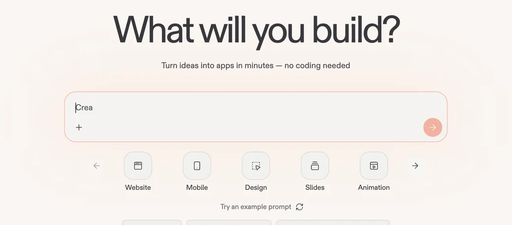 Replitのトップ画面。「What will you build?（何を作りますか？）」の見出しと「Turn ideas into apps in minutes — no coding needed」の説明、作りたいものを入力するプロンプト欄、Website／Mobile／Design／Slides／Animationのカテゴリが並んでいる