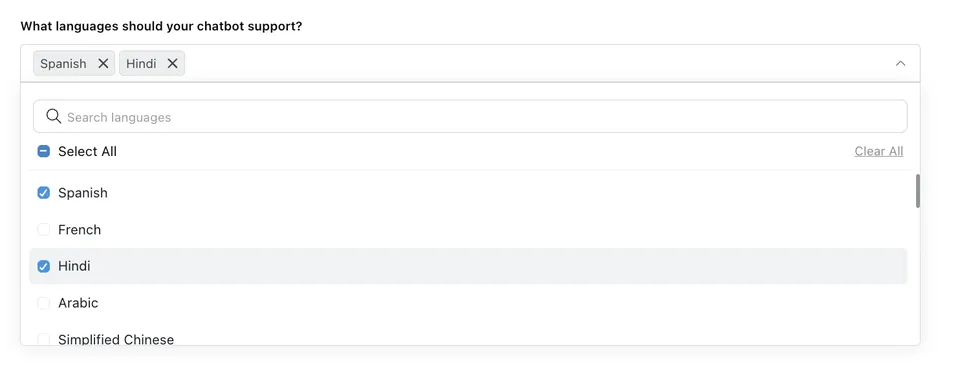 Robylonの言語設定。「What languages should your chatbot support?」の一覧からスペイン語とヒンディー語を選んでいる