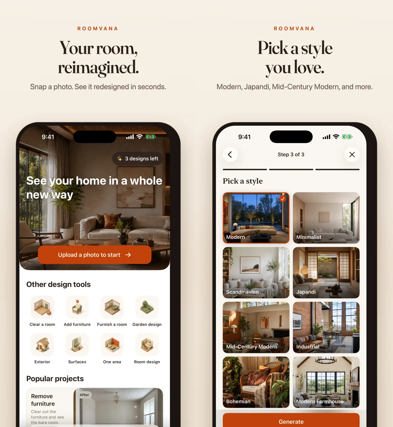 RoomvanaのiOSアプリの画面2枚。左はトップ画面で、「Upload a photo to start」のボタンと、Clear a room・Add furniture・Furnish a room・Garden design・Exterior・Surfaces・One area・Room design の8つのツールのアイコンが並ぶ。右はスタイル選択の画面で、Modern・Minimalist・Scandinavian・Japandi・Mid-Century Modern・Industrial・Bohemian・Modern Farmhouse の写真が並び、下に Generate ボタンがある