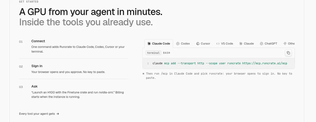 The “A GPU from your agent in minutes.” section of the Runcrate website. On the left are three steps, “Connect”, “Sign in” and “Ask”. On the right are tabs for Claude Code, Codex, Cursor, VS Code, Claude and ChatGPT, with the Claude Code command “claude mcp add --transport http --scope user runcrate https://mcp.runcrate.ai/mcp”