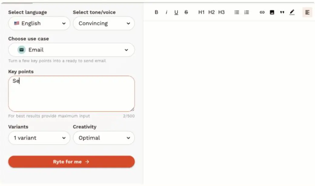 Rytr の生成画面。言語（English）とトーン（Convincing）、ユースケース（Email）を選び、Key points を入力して「Ryte for me」で生成する左側のフォームと、右側のリッチテキストエディタ