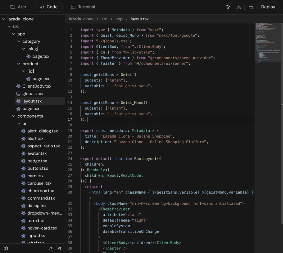 Same's workbench: App/Code/Terminal tabs and a Deploy button at top, a Next.js project file tree on the left, and the layout.tsx code editor in the center