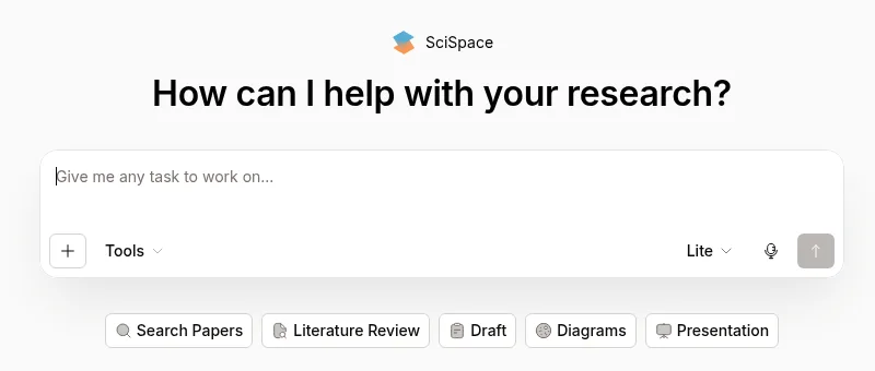 SciSpace 的首页。"How can I help with your research?（我能在研究上帮你什么？）"标题下方是输入任务的输入框，旁边有 Tools 菜单和模型选择（Lite），其下方排列着 Search Papers、Literature Review、Draft、Diagrams、Presentation 按钮