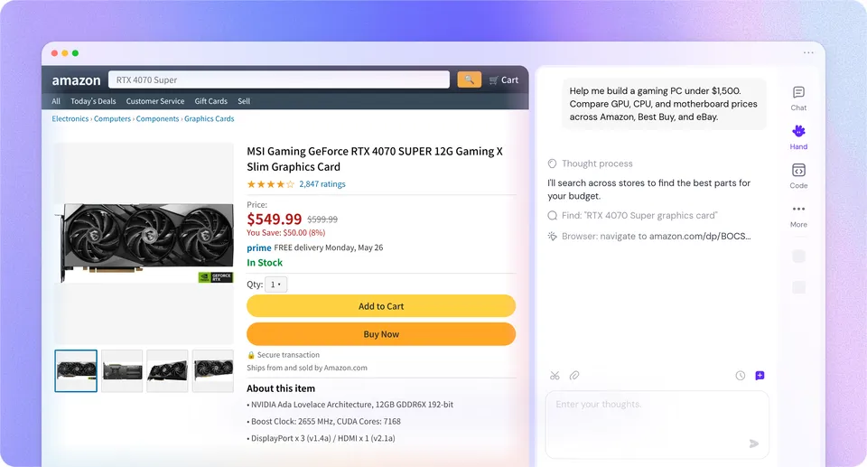Sider Handのデモ画面。左にAmazonのグラフィックボードの商品ページ、右のSiderのパネルに「1,500ドル以内でゲーミングPCを組みたい。GPU・CPU・マザーボードの価格をAmazon・Best Buy・eBayで比べて」という依頼と、商品を検索してページを開いていく手順が表示されている